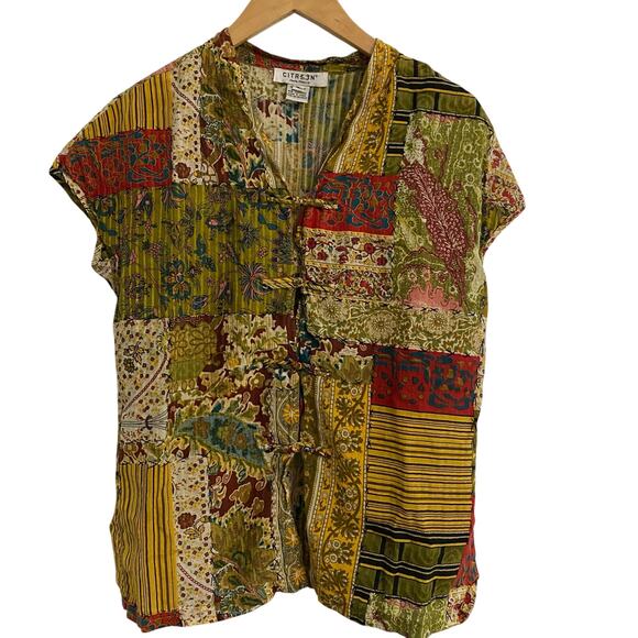 Citron Patchwork Silk Blend Blouse Women’s Size Medium Asian Inspired Boho - Picture 1 of 9